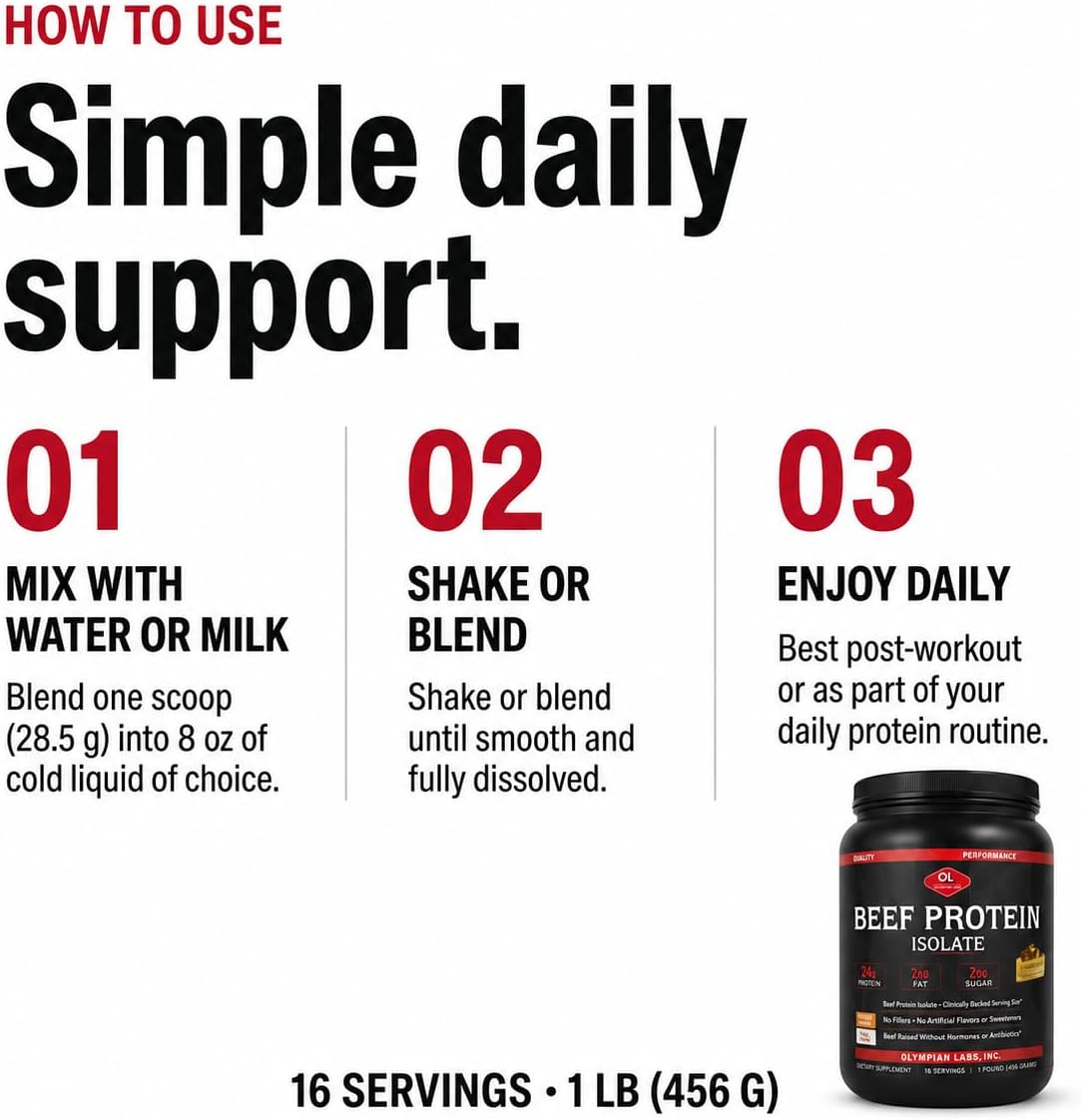 Olympian Labs Beef Protein Isolate Powder, 24g Protein, BST Free, 2 Grams BCAA's, Muscle Building Amino Acids, 1 Pound, Flavored with Real Chocolate