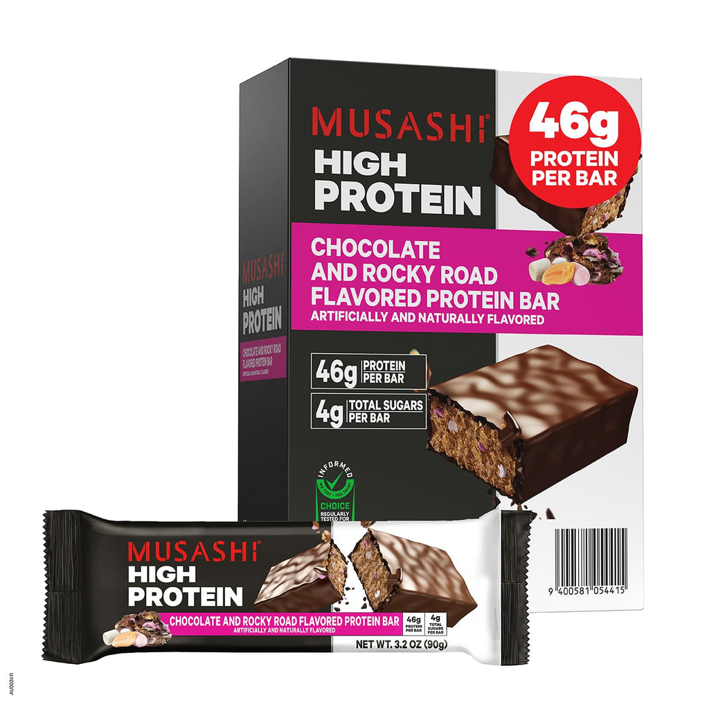 MUSASHI High Protein Bar, 45g Protein, Milk Chocolate Brownie | 2g Total Sugars, Post Workout and Protein Snack On The Go, 3.2oz (90g) Bars, Low Sugar High Protein Snack, 12 pack