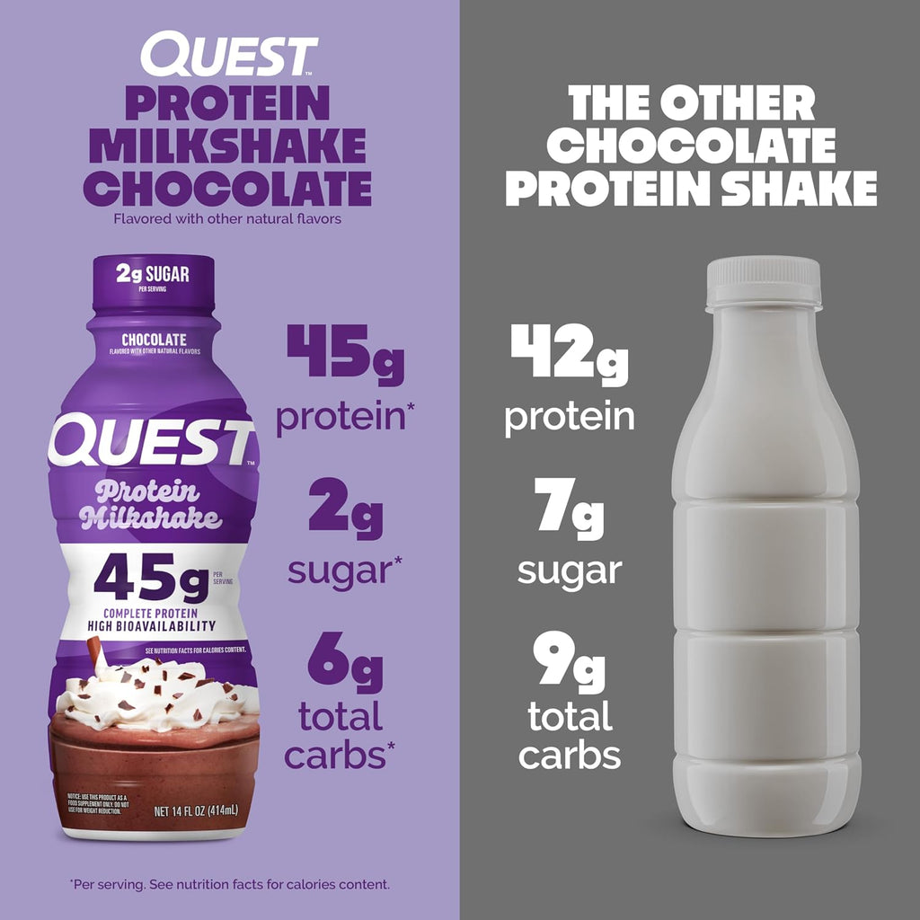 Quest Nutrition Chocolate Protein Shake, 45g Protein, 2g Sugar, 4g Net Carbs, Ready to Drink, Gluten Free, 12 Count