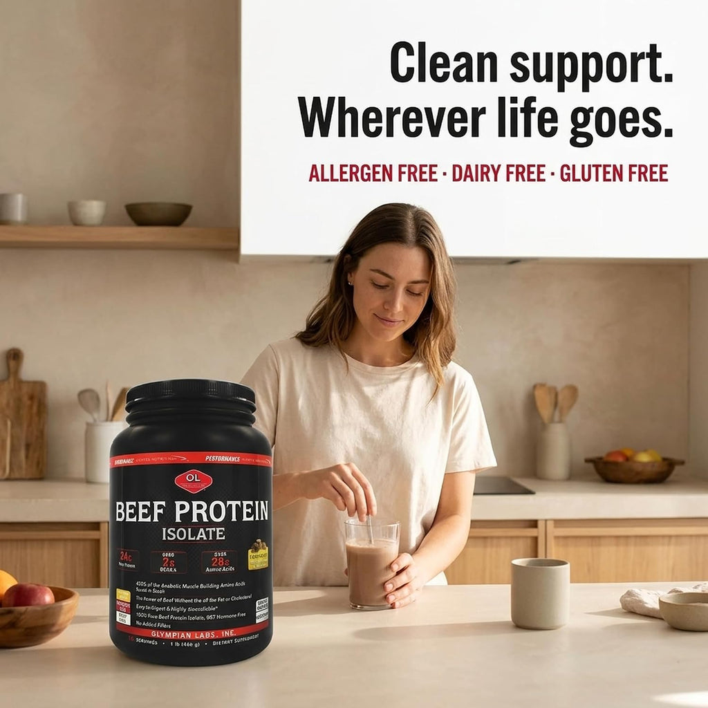 Olympian Labs Beef Protein Isolate Powder, 24g Protein, BST Free, 2 Grams BCAA's, Muscle Building Amino Acids, 1 Pound, Flavored with Real Chocolate