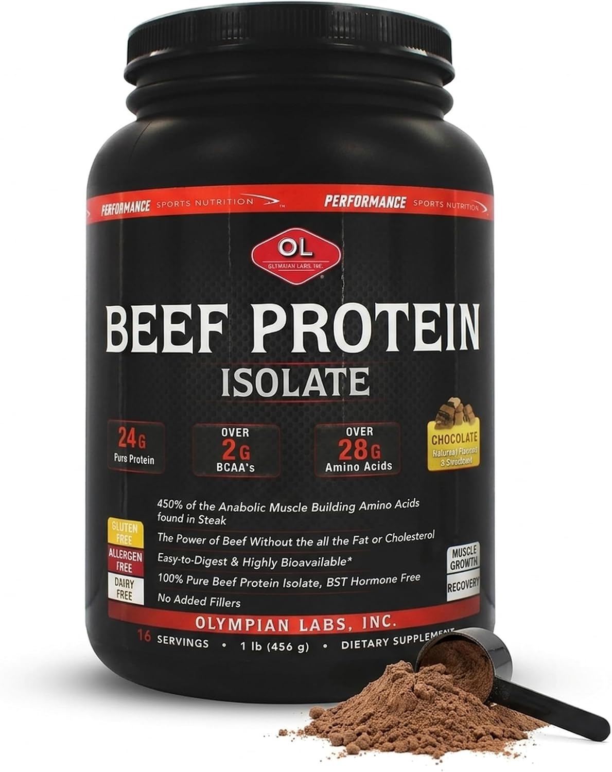 Olympian Labs Beef Protein Isolate Powder, 24g Protein, BST Free, 2 Grams BCAA's, Muscle Building Amino Acids, 1 Pound, Flavored with Real Chocolate