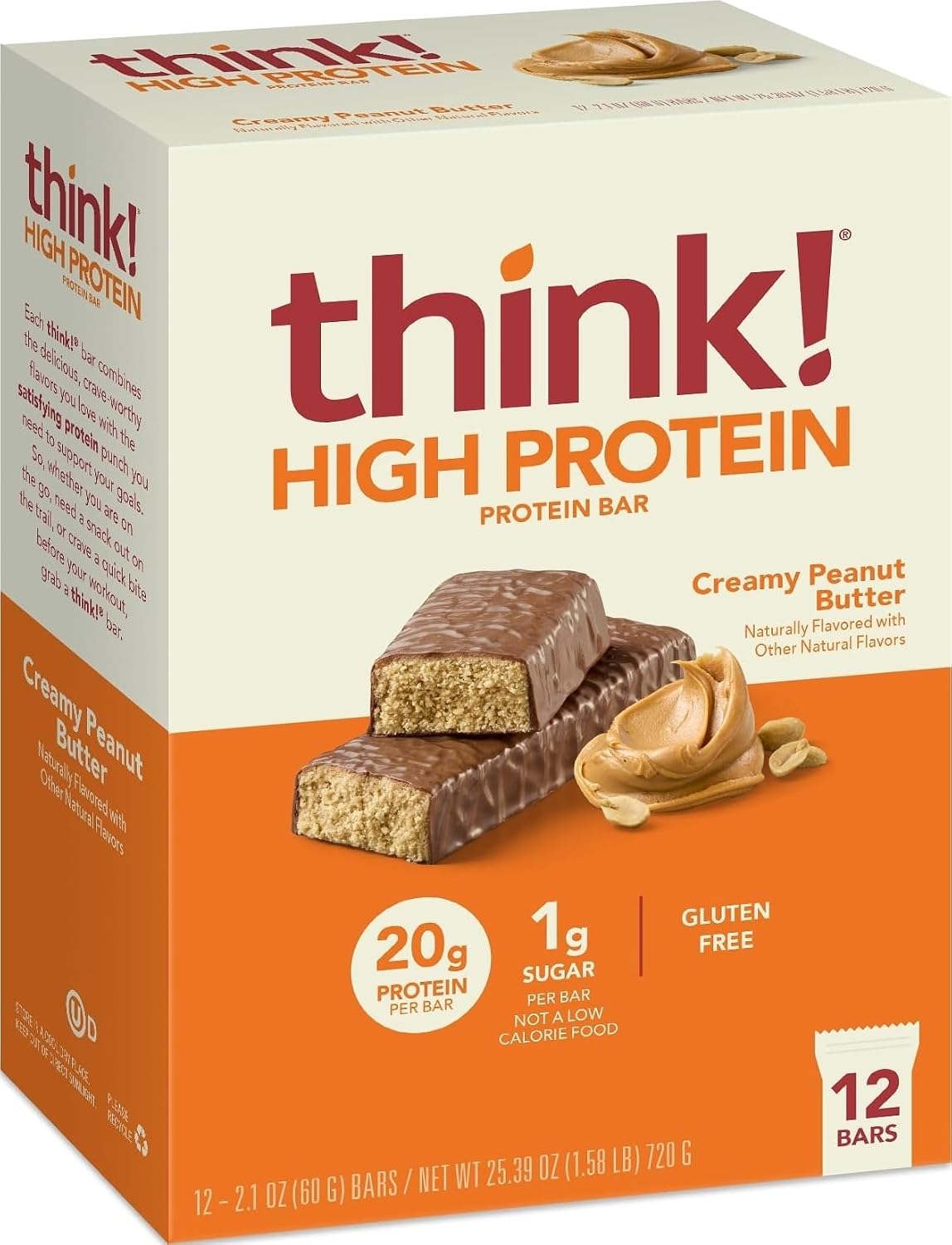 think! High Protein Bar, Creamy Peanut Butter, 12 Count