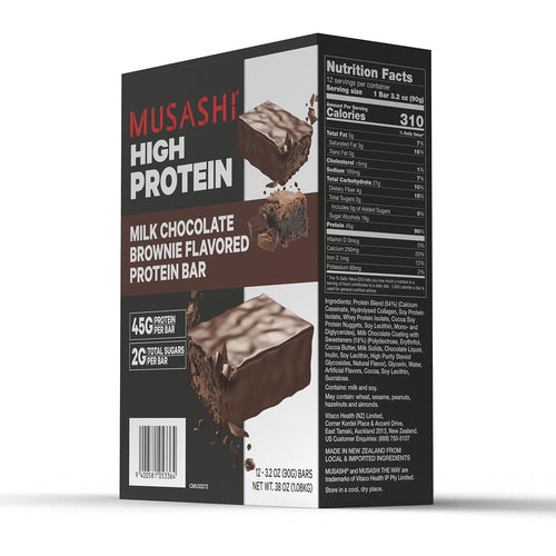 MUSASHI High Protein Bar, 45g Protein, Milk Chocolate Brownie | 2g Total Sugars, Post Workout and Protein Snack On The Go, 3.2oz (90g) Bars, Low Sugar High Protein Snack, 12 pack