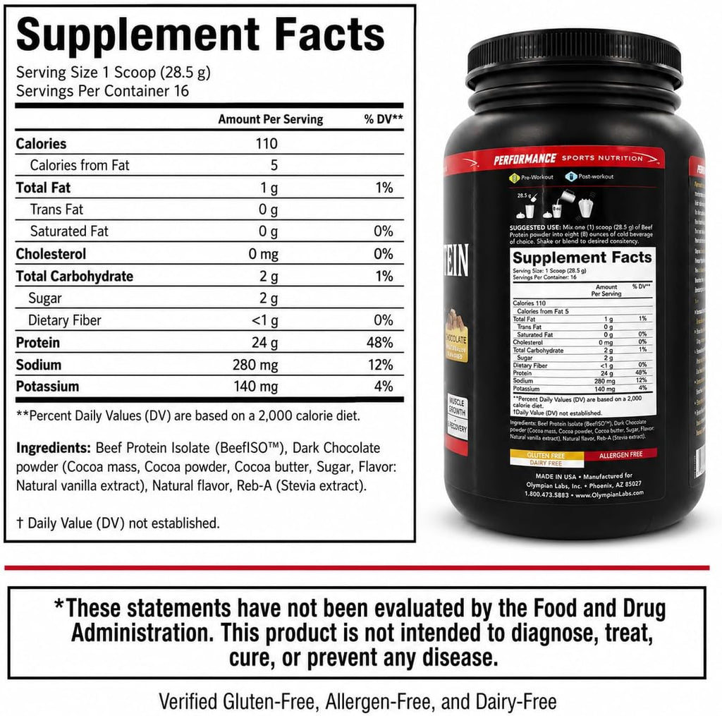 Olympian Labs Beef Protein Isolate Powder, 24g Protein, BST Free, 2 Grams BCAA's, Muscle Building Amino Acids, 1 Pound, Flavored with Real Chocolate