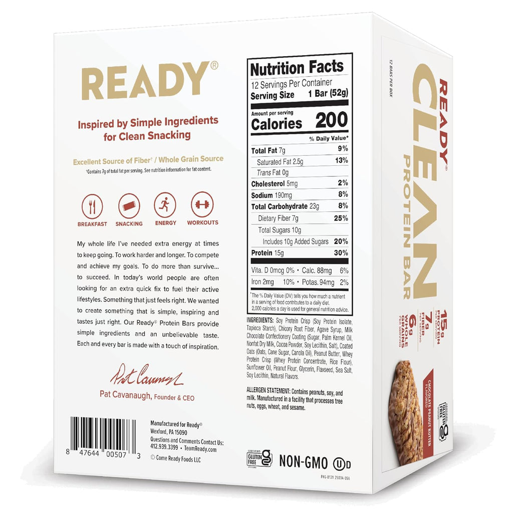 Ready Protein Bars, Chocolate Peanut Butter, 15g Whey Protein, 12 Ct | Soft-baked snack bars with flaxseeds and omega-3s, non-GMO ingredients; choose from a full range of flavors