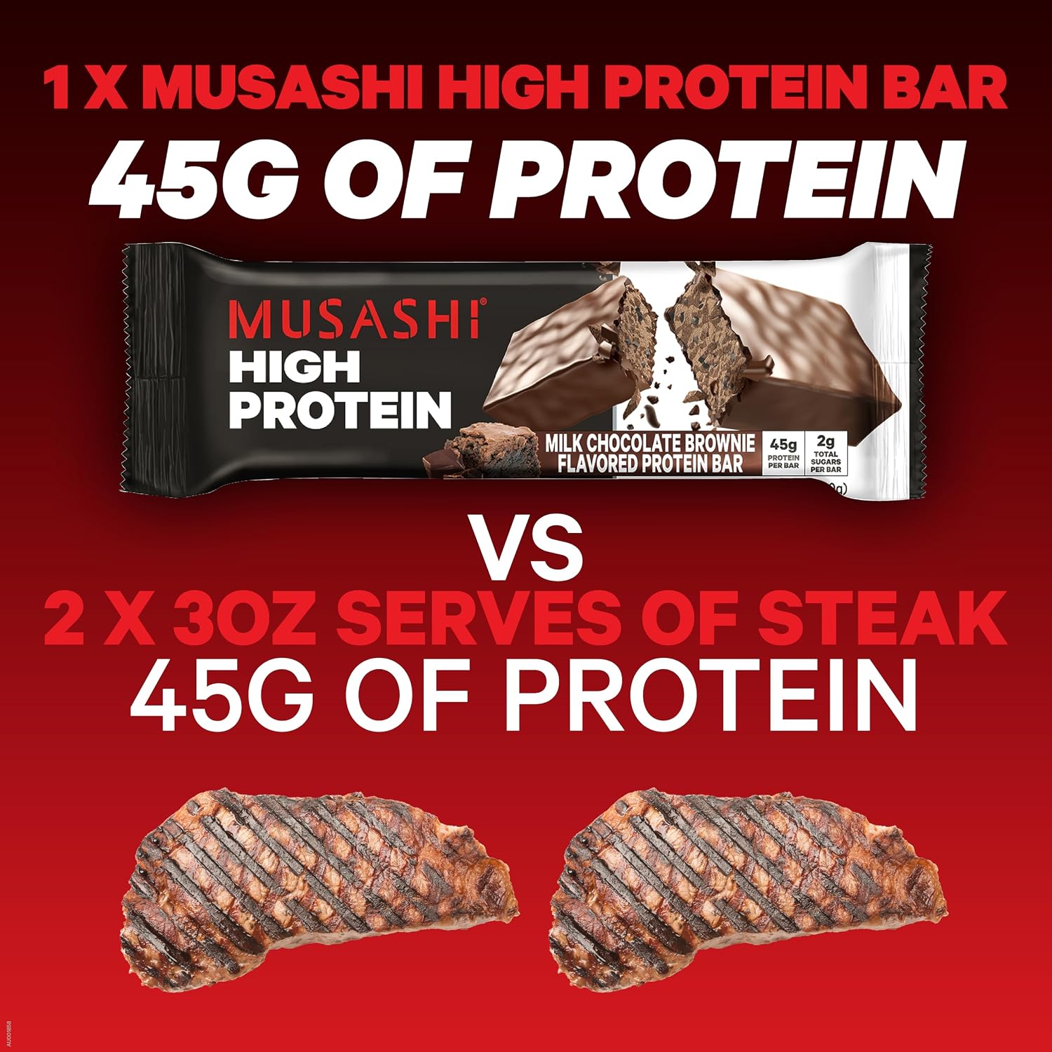 MUSASHI High Protein Bar, 45g Protein, Milk Chocolate Brownie | 2g Total Sugars, Post Workout and Protein Snack On The Go, 3.2oz (90g) Bars, Low Sugar High Protein Snack, 12 pack
