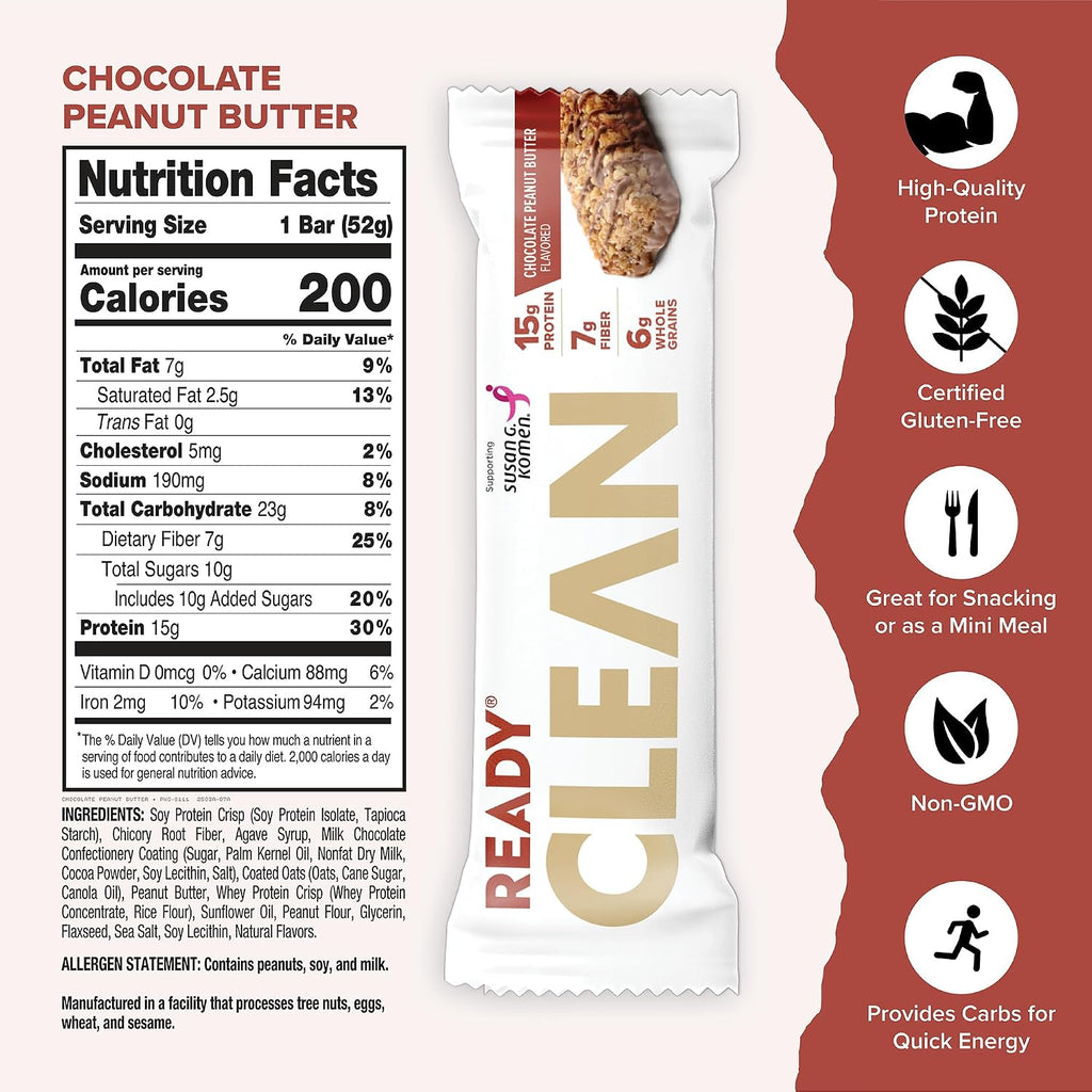 Ready Protein Bars, Chocolate Peanut Butter, 15g Whey Protein, 12 Ct | Soft-baked snack bars with flaxseeds and omega-3s, non-GMO ingredients; choose from a full range of flavors