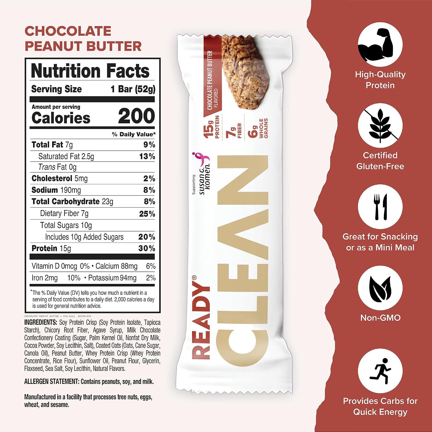 Ready Protein Bars, Chocolate Peanut Butter, 15g Whey Protein, 12 Ct | Soft-baked snack bars with flaxseeds and omega-3s, non-GMO ingredients; choose from a full range of flavors