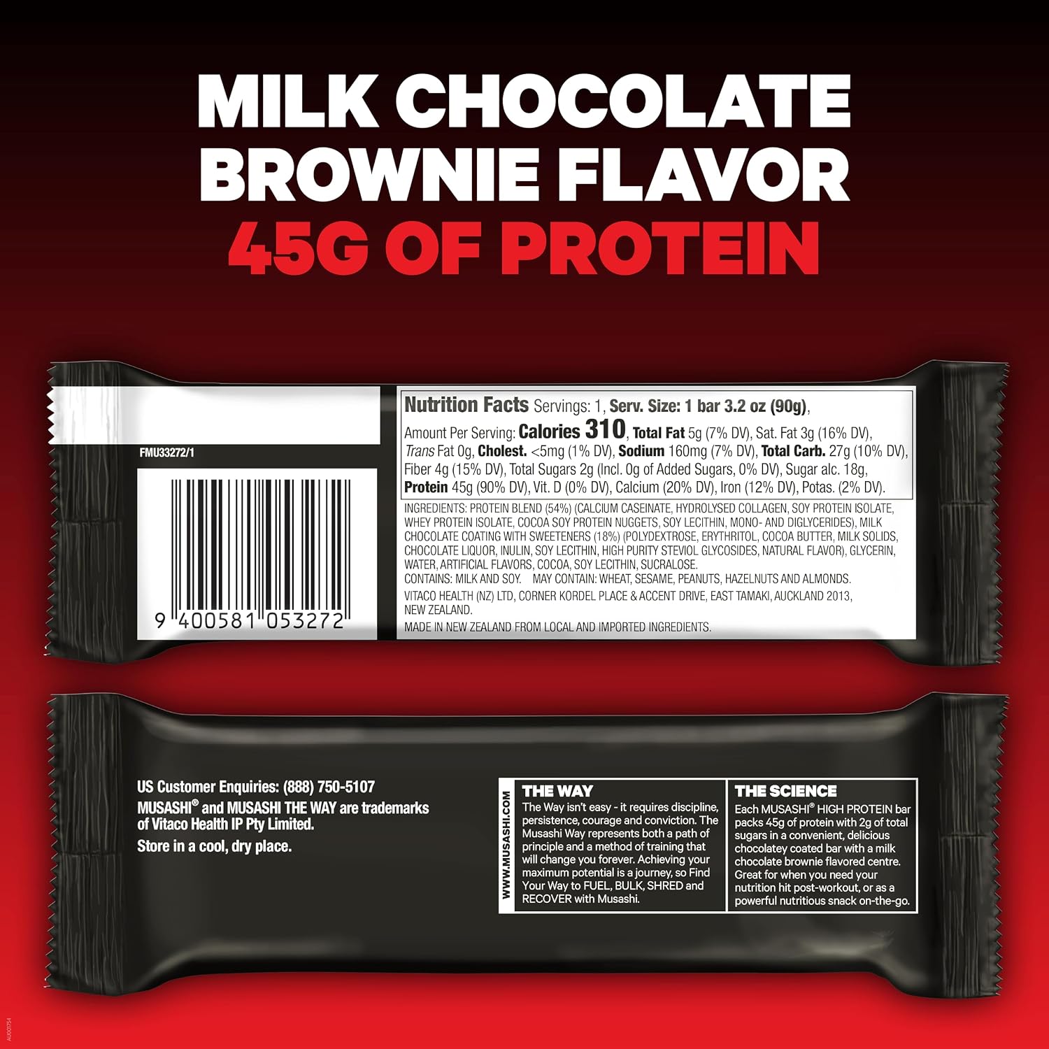 MUSASHI High Protein Bar, 45g Protein, Milk Chocolate Brownie | 2g Total Sugars, Post Workout and Protein Snack On The Go, 3.2oz (90g) Bars, Low Sugar High Protein Snack, 12 pack