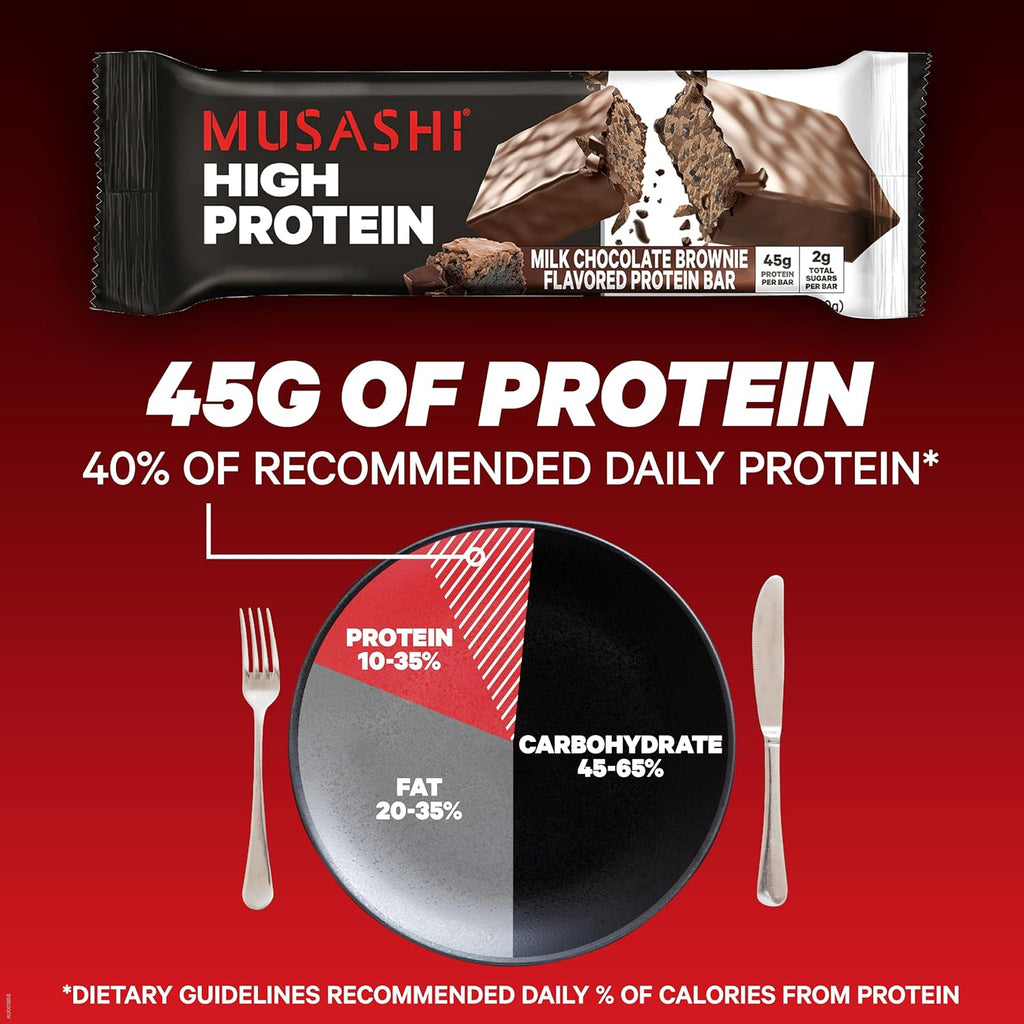 MUSASHI High Protein Bar, 45g Protein, Milk Chocolate Brownie | 2g Total Sugars, Post Workout and Protein Snack On The Go, 3.2oz (90g) Bars, Low Sugar High Protein Snack, 12 pack