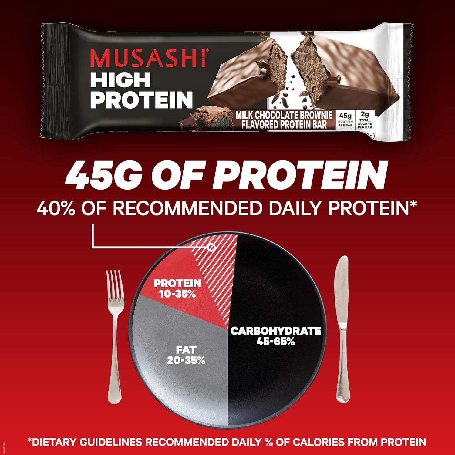 MUSASHI High Protein Bar, 45g Protein, Milk Chocolate Brownie | 2g Total Sugars, Post Workout and Protein Snack On The Go, 3.2oz (90g) Bars, Low Sugar High Protein Snack, 12 pack