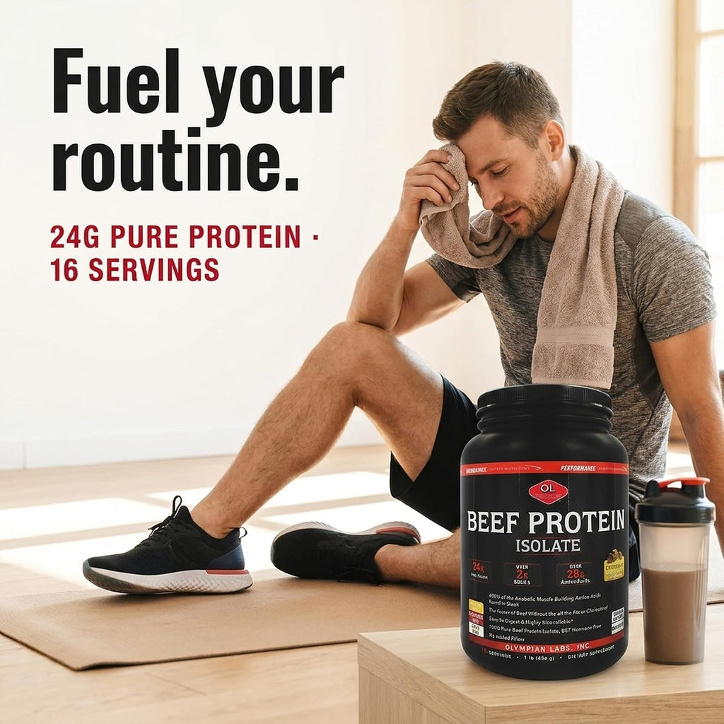 Olympian Labs Beef Protein Isolate Powder, 24g Protein, BST Free, 2 Grams BCAA's, Muscle Building Amino Acids, 1 Pound, Flavored with Real Chocolate