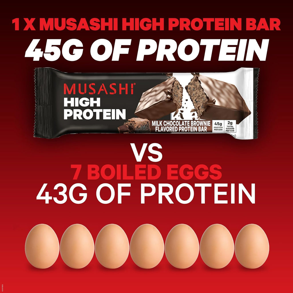 MUSASHI High Protein Bar, 45g Protein, Milk Chocolate Brownie | 2g Total Sugars, Post Workout and Protein Snack On The Go, 3.2oz (90g) Bars, Low Sugar High Protein Snack, 12 pack