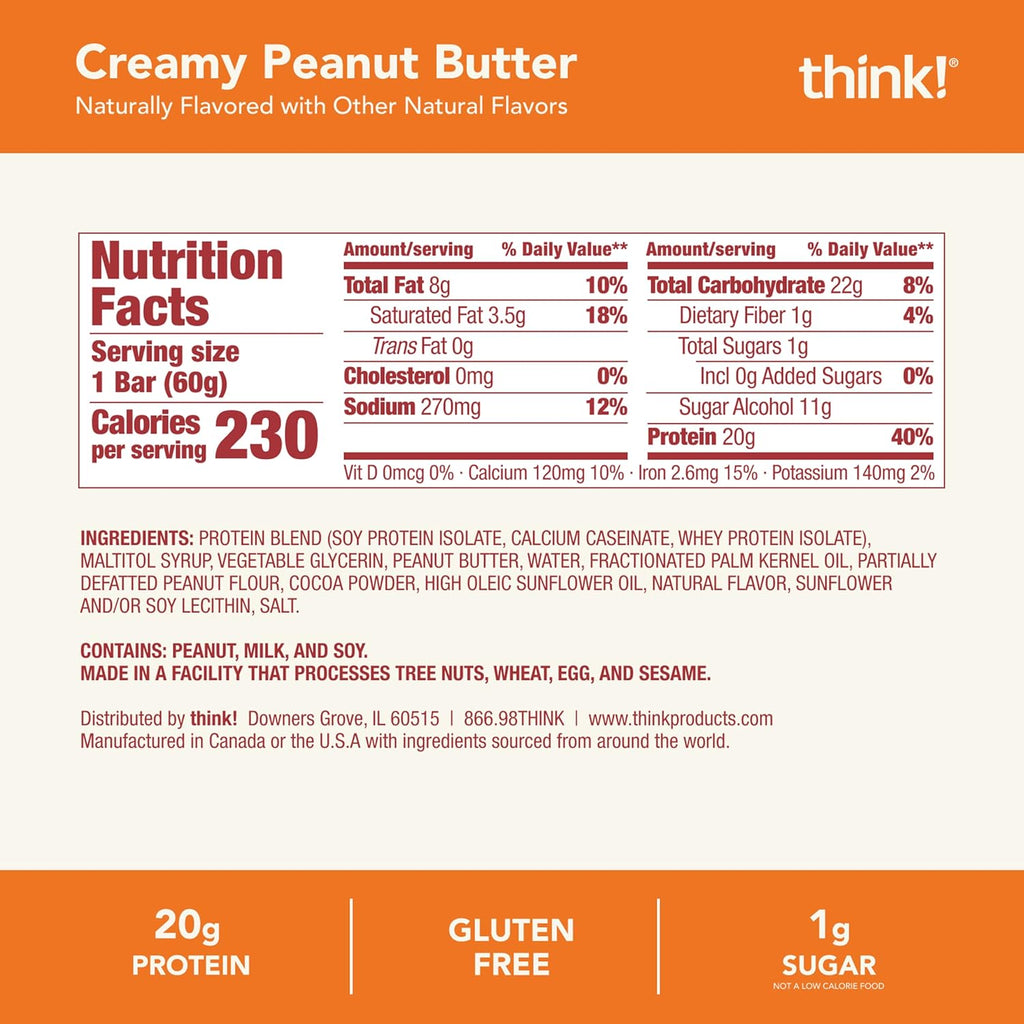 think! High Protein Bar, Creamy Peanut Butter, 12 Count